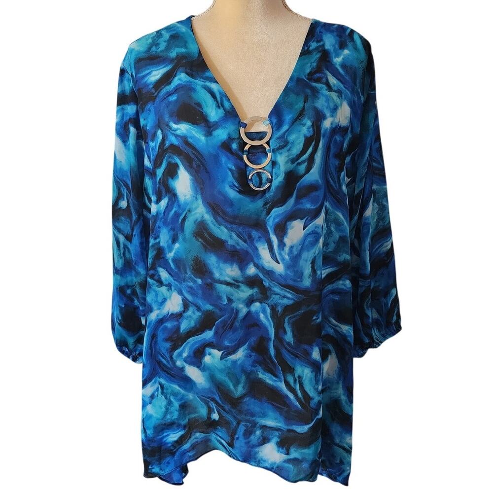 Sami & Jo Plus Neon Blue Semi Sheer Shark Bite Blouse Size 3X